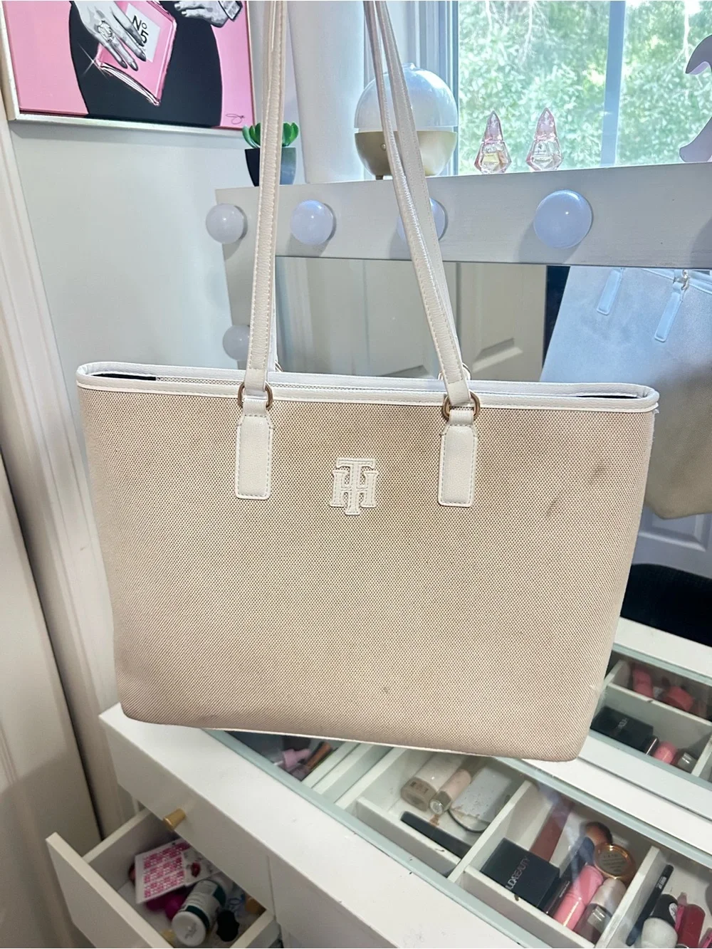 Light Beige Canvas Tote Bag with Black Interior